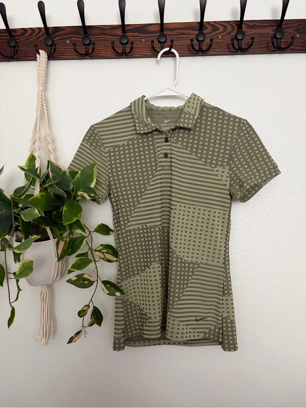 Nike Women's Olive Green Patterned Dri-FIT Golf Polo Shirt